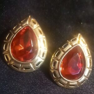 Avon Vintage Gold and Red Teardrop Earrings. Large red crystal cut rhinestones